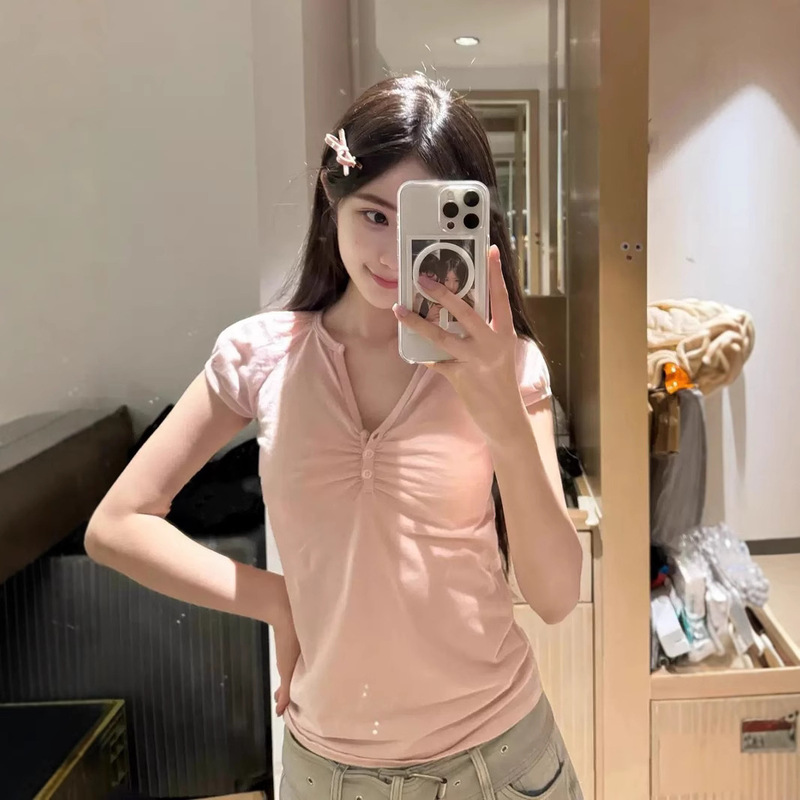 BM style three button pleated short sleeve T-shirt women's summer new bm all-match Korean slim-fit bubble sleeve top