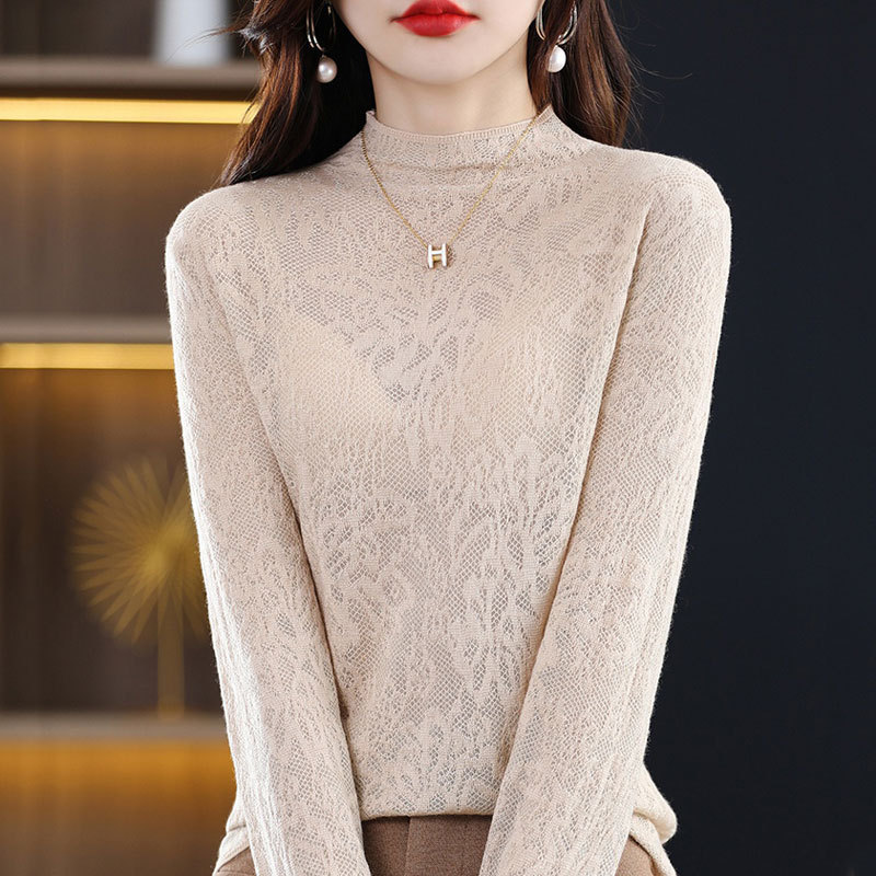 Half Turtleneck Lace Cut Out Long-Sleeved Knitted Bottoming Shirt for Women 25 Autumn and Winter New Korean Style Imitation Wool Inner Top Half Turtleneck Lace Cut Out Long-Sleeved Knitted Bottoming Shirt for Women 25 Autumn and Winter New Korean Style Imitation Wool Inner Top