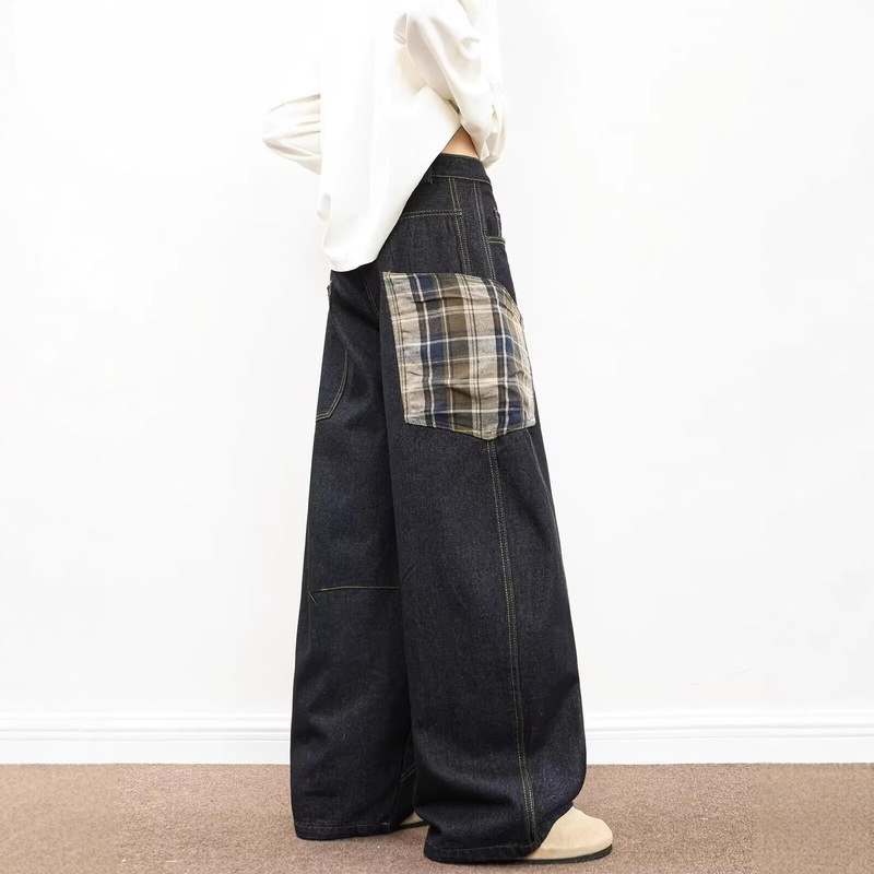 American Style Street Plaid Stitching Sickle Wide Leg Jeans Men's Spring All-match Loose Slim-fit Mop Pants American Style Street Plaid Stitching Sickle Wide Leg Jeans Men's Spring All-match Loose Slim-fit Mop Pants