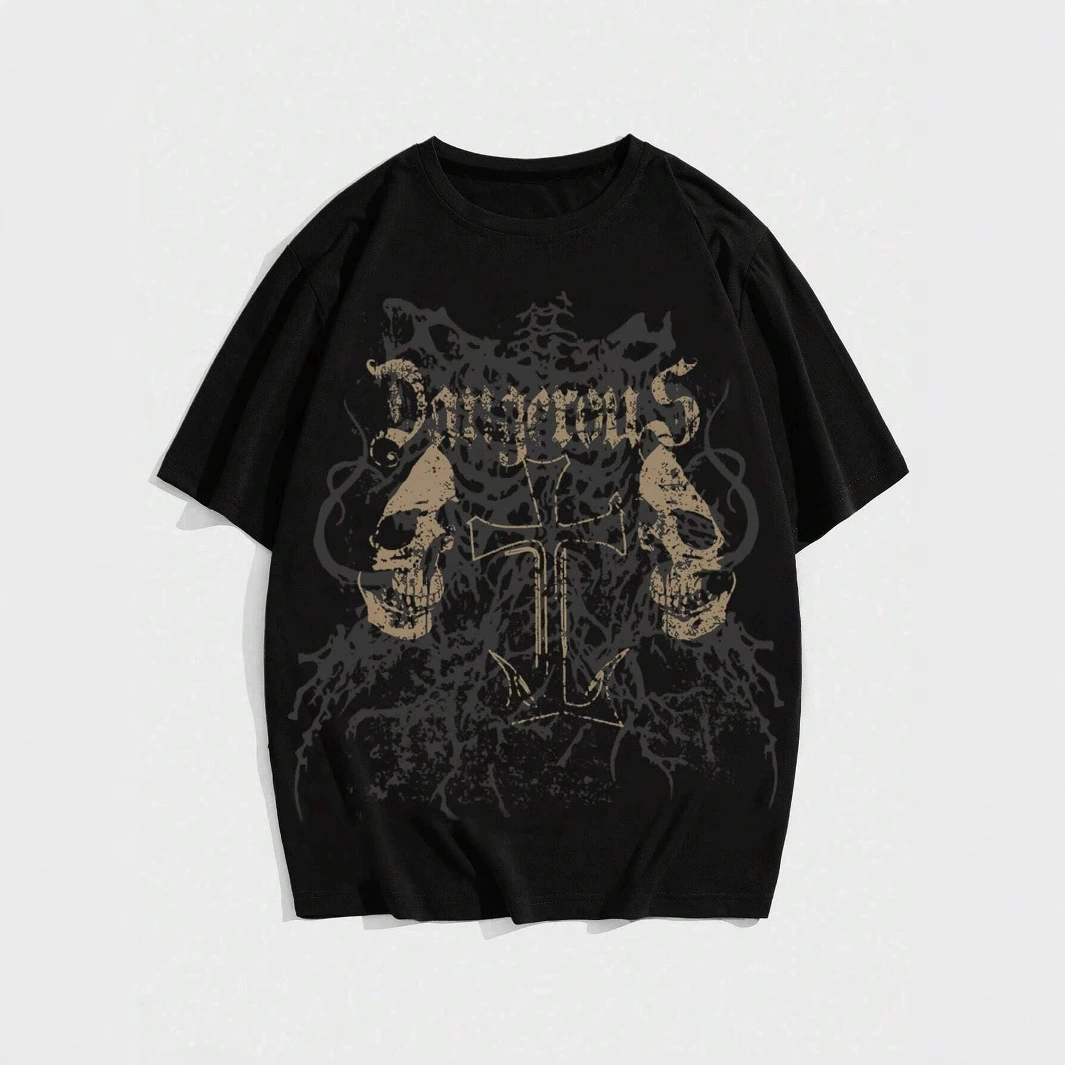 [Grunge Punk Skull Printed Women Men Unisex Cotton T-shirt]