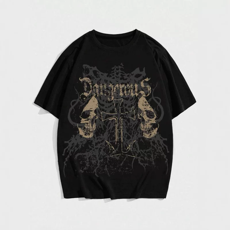 [Grunge Punk Skull Printed Women Men Unisex Cotton T-shirt]