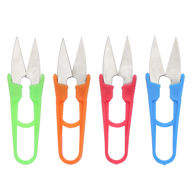Tijeras de hilo de plástico de color, tijeras pequeñas para el hogar, herramientas de punto de cruz, tijeras de hilo de costura, mini tijeras en forma de U al por mayor