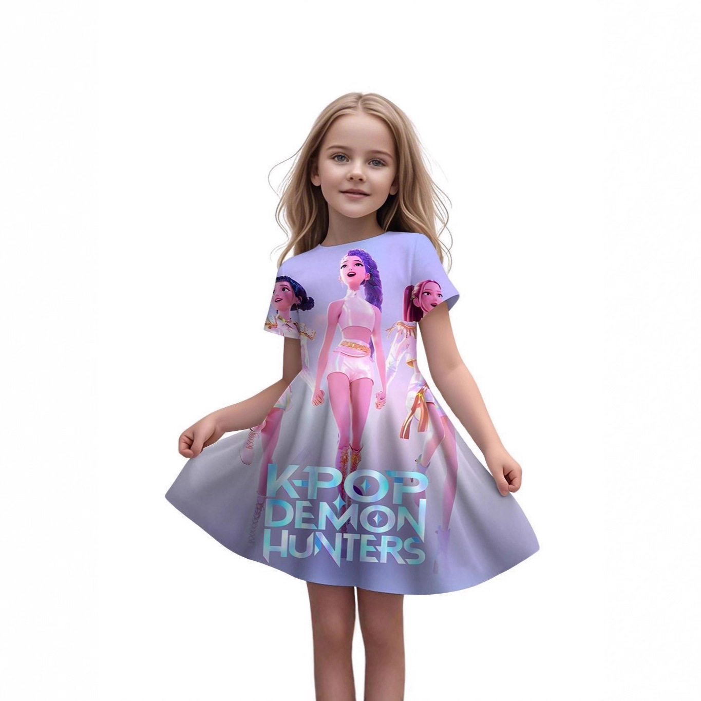 欧美跨境数码印花2025夏季新款女童公主裙猎魔女团短袖连衣裙