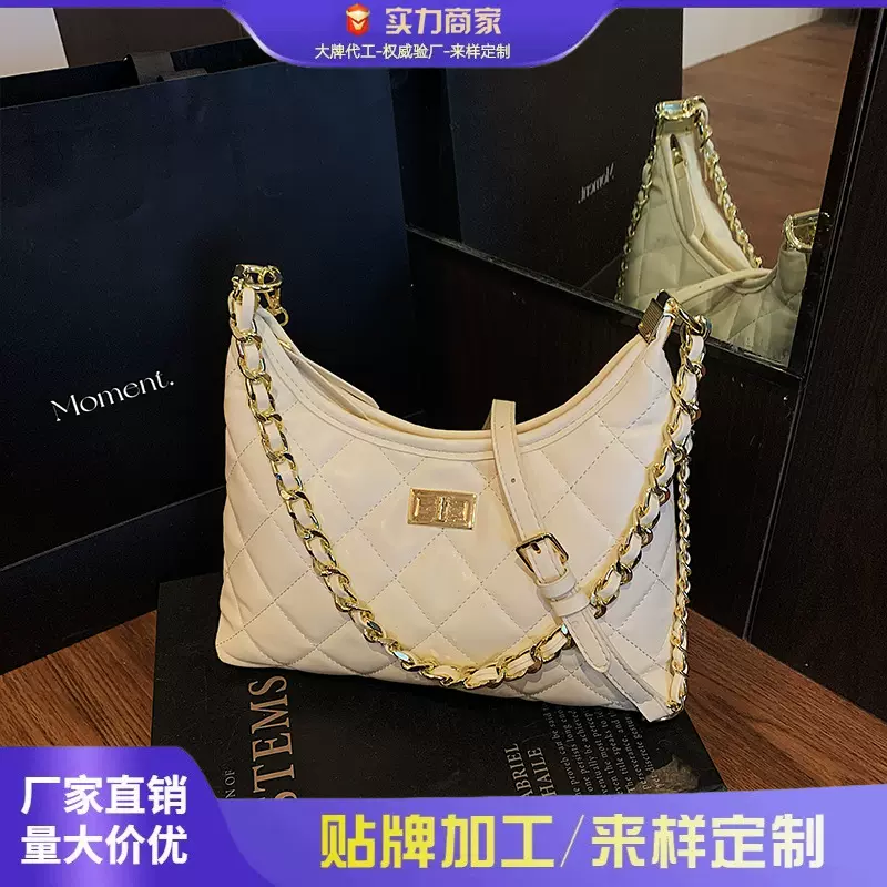 韩版小香风手提包2025新款链条女包纯色单肩包质感菱格绣线斜挎包