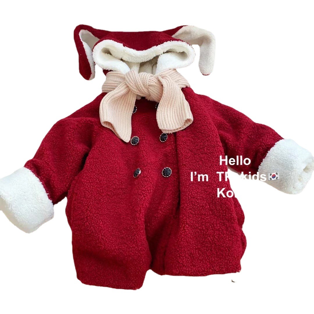 Estrella DE LOS NIÑOS ronda estilo coreano ropa la muchacha boda del bebé rojo Año Nuevo encapuchado orejas conejo rojo abrigo felpa