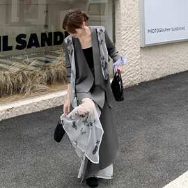 实拍韩系设计感网纱拼接西服套装裙女2026秋季不规则半身裙两件套