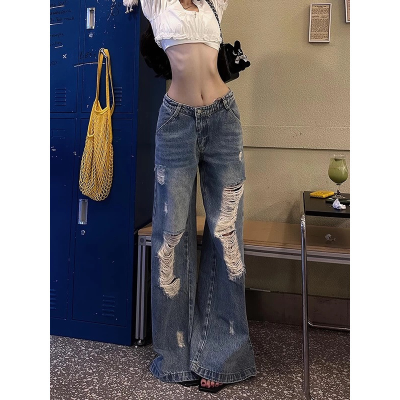 Retro Washed Blue Low-Waist Ripped Jeans for Women, Distressed, Loose, Slim, Straight-Leg Wide-Leg Floor-Length Pants