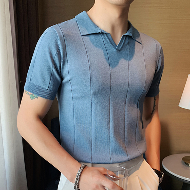 Camiseta de Manga Corta de Seda de Hielo para Hombre, Verano 2025, Nueva Camiseta de Negocios para Hombre, Elegante Polo de Punto con Cuello en V