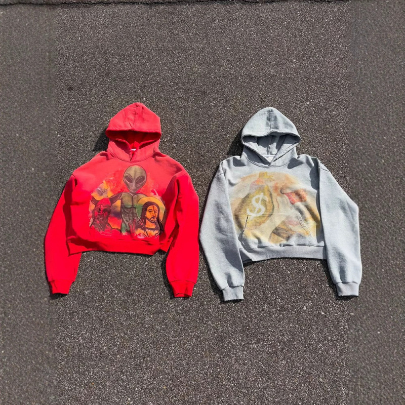 Felpa con cappuccio e zip Alien Graphic – Pullover streetwear unisex (vestibilità oversize, rosso/grigio, XS-5XL)_voghion.com