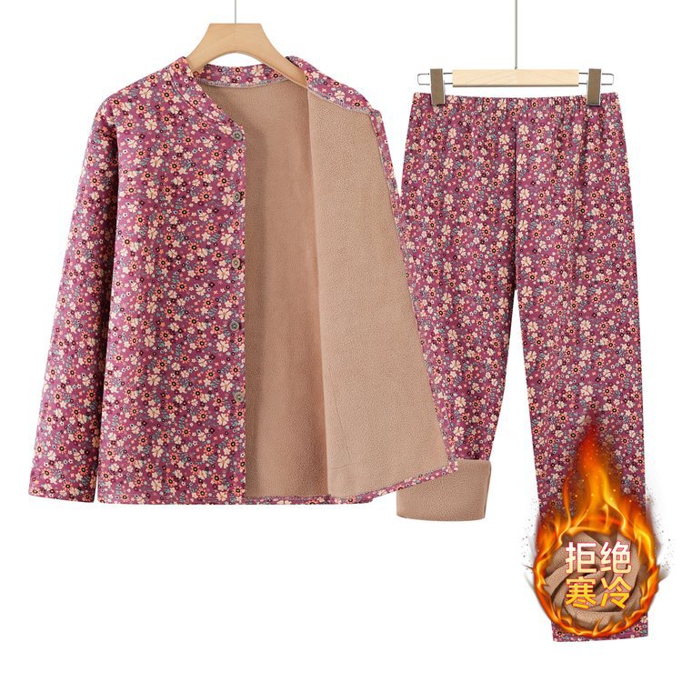 Grandma's Autumn and Winter Thermal Underwear Set for Women, Elderly Women's Sweater with Fleece, Thickened Underwear, Derong Cardigan Set