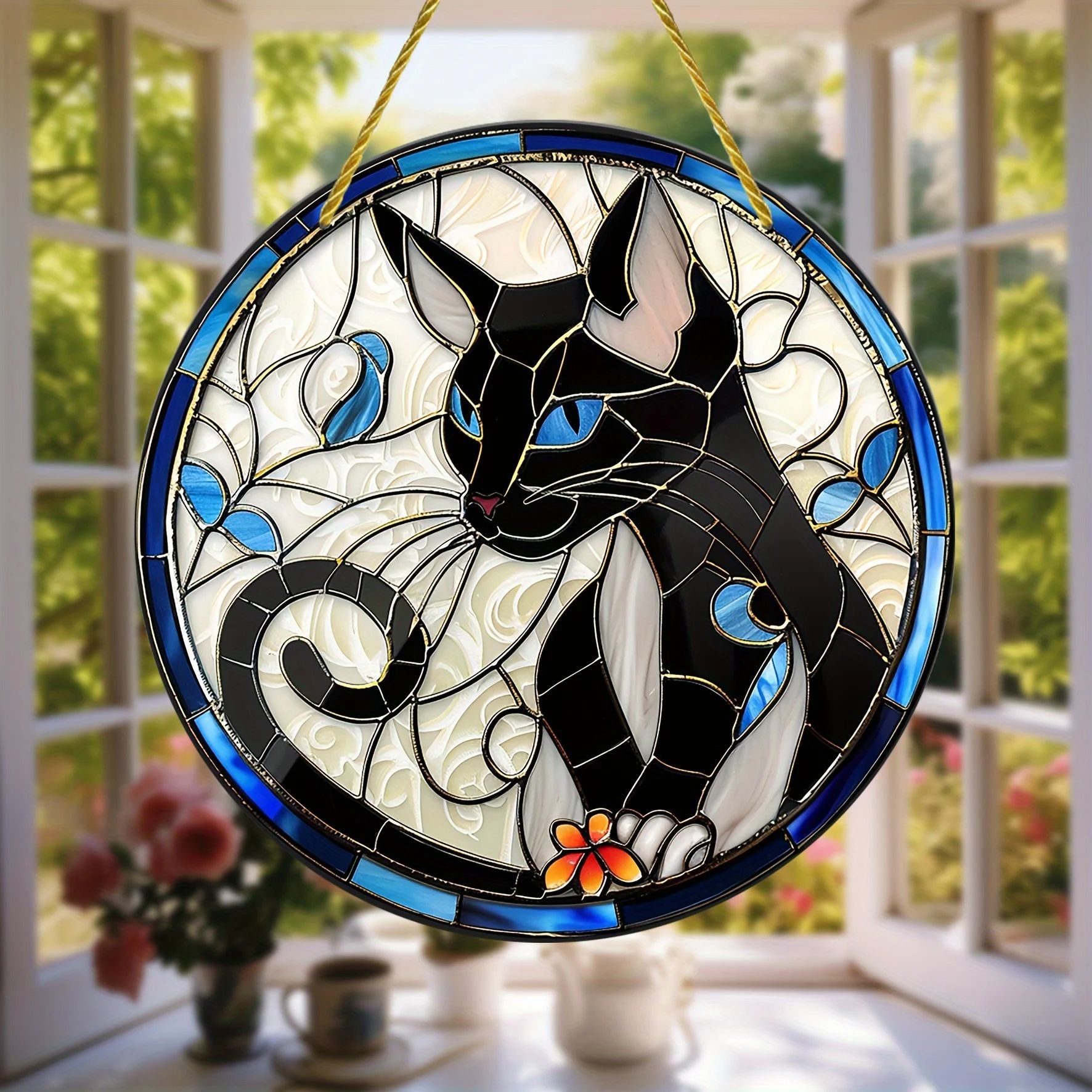 Acrílico Siamese Gato Negro Sol Captura Disco Animal Creativo Colores Vivientes Colgante de Ventana de Pared