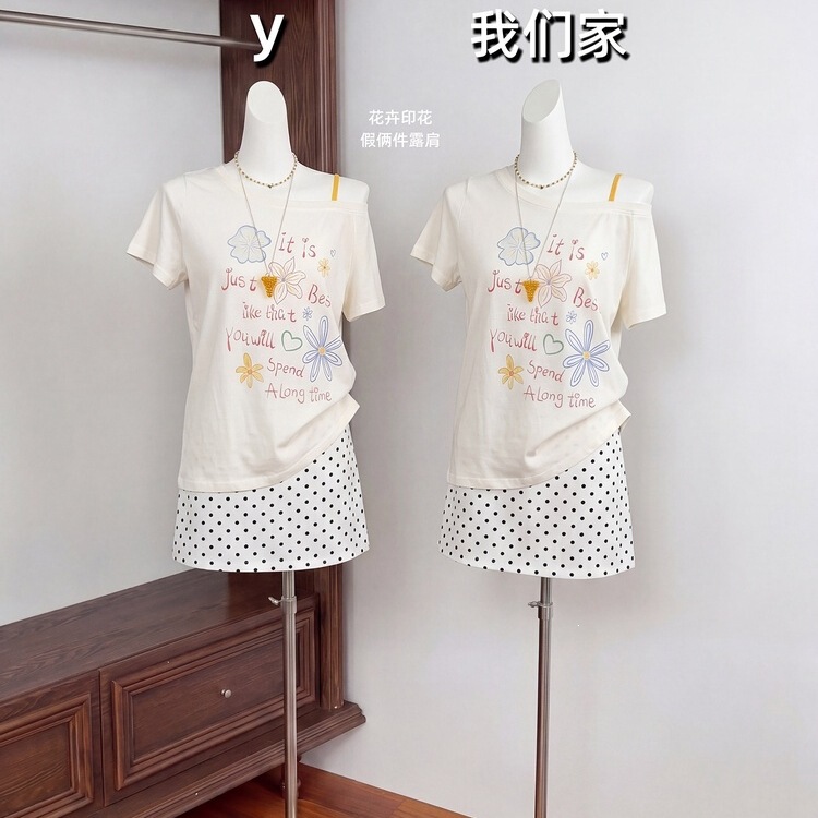 Original Snowflake Cotton Korean-Style Diagonal Collar Colorful Letter Print T-Shirt for Women, Summer Design, Slimming Loose Short-Sleeve Top Original Snowflake Cotton Korean-Style Diagonal Collar Colorful Letter Print T-Shirt for Women, Summer Design, Slimming Loose Short-Sleeve Top
