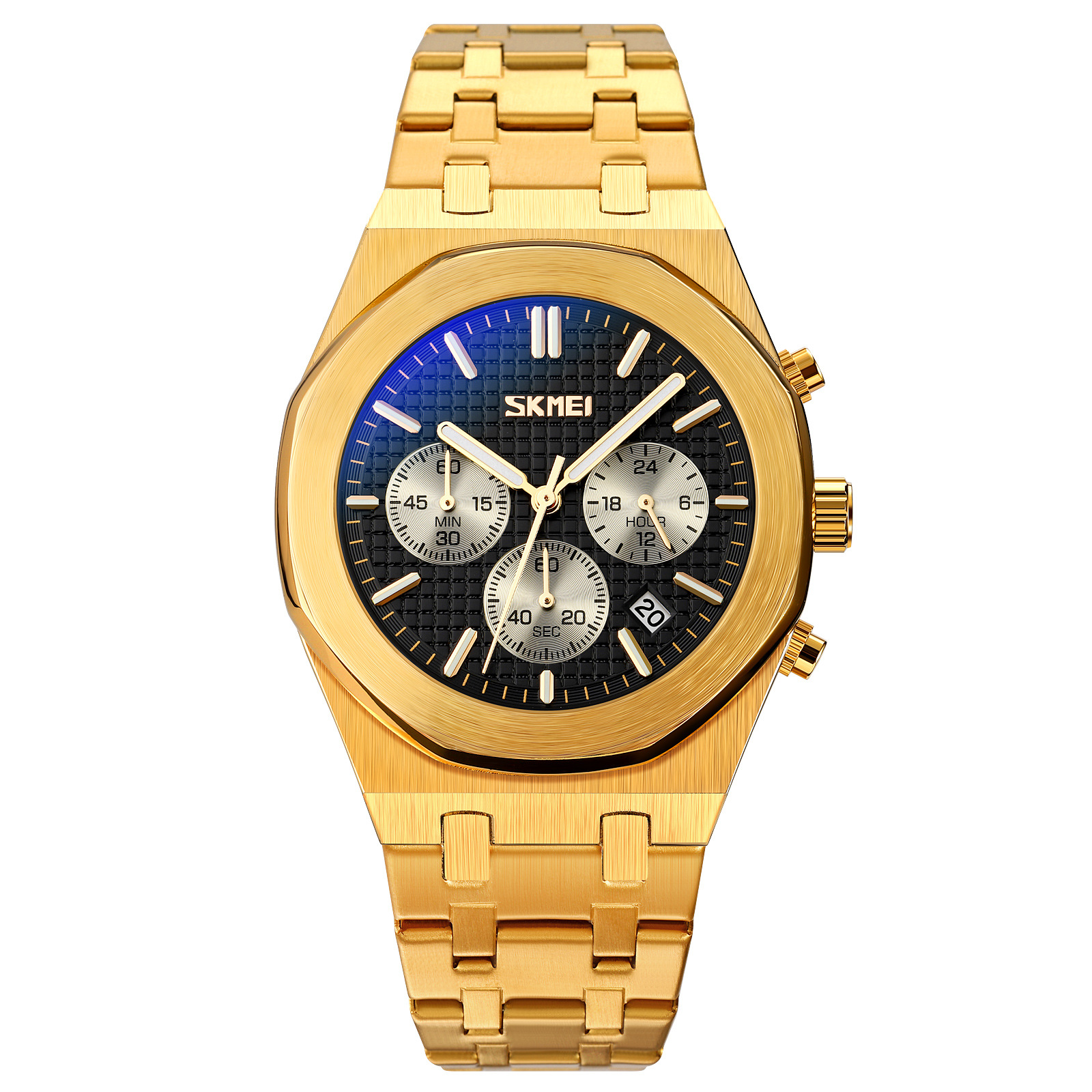 Momento de los relojes de pulsera de tres ojos seis agujas multifuncional correa de acero para hombres reloj de cuarzo impermeable suministro transfronterizo