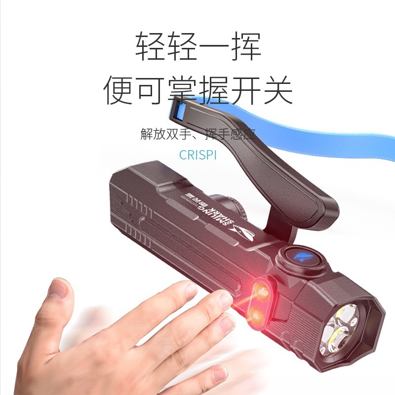 微笑鲨新款三灯珠户外照明头灯挂耳头戴工作灯挥手感应便携可拆卸|undefined