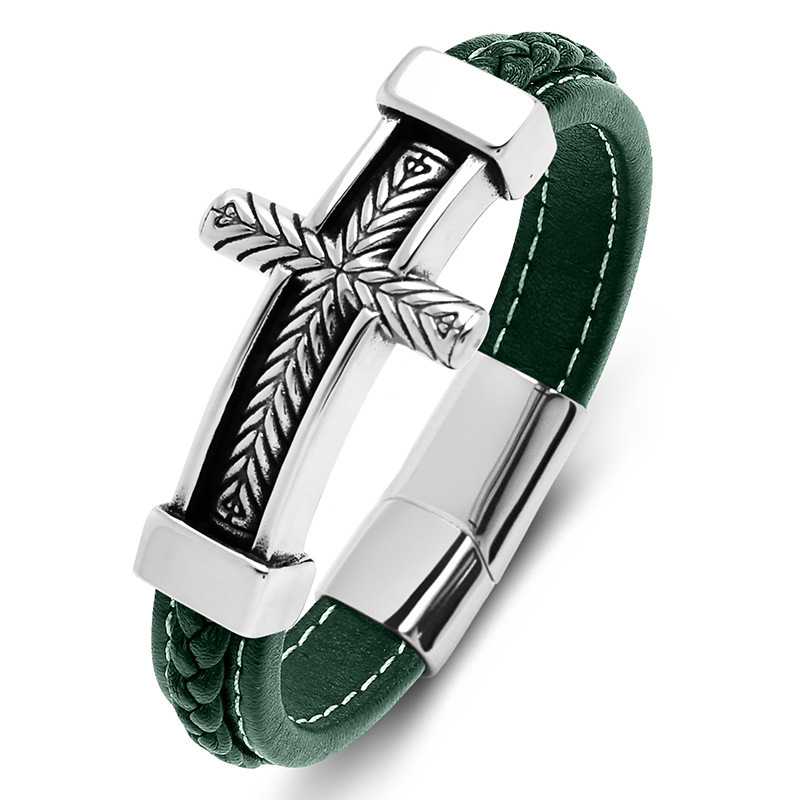[Factory direct batch] Amazon popular handmade stitching leather hinge cross stainless steel trendy men's bracelet