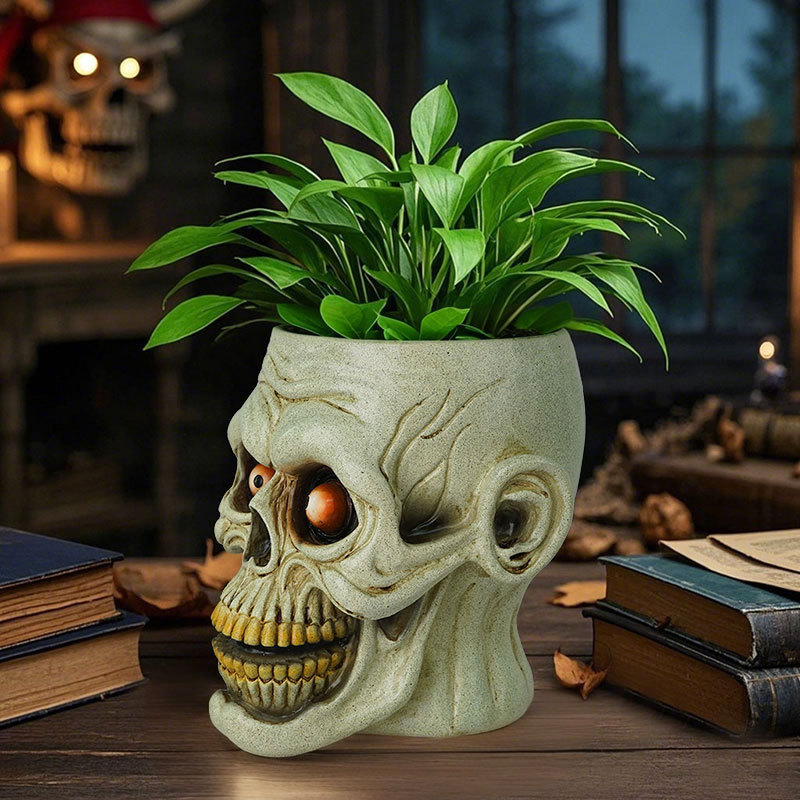  Direct Supply of Halloween Creative Skull Resin Ornaments Home Desktop Holiday Decoration Green Plant Container Decorations
