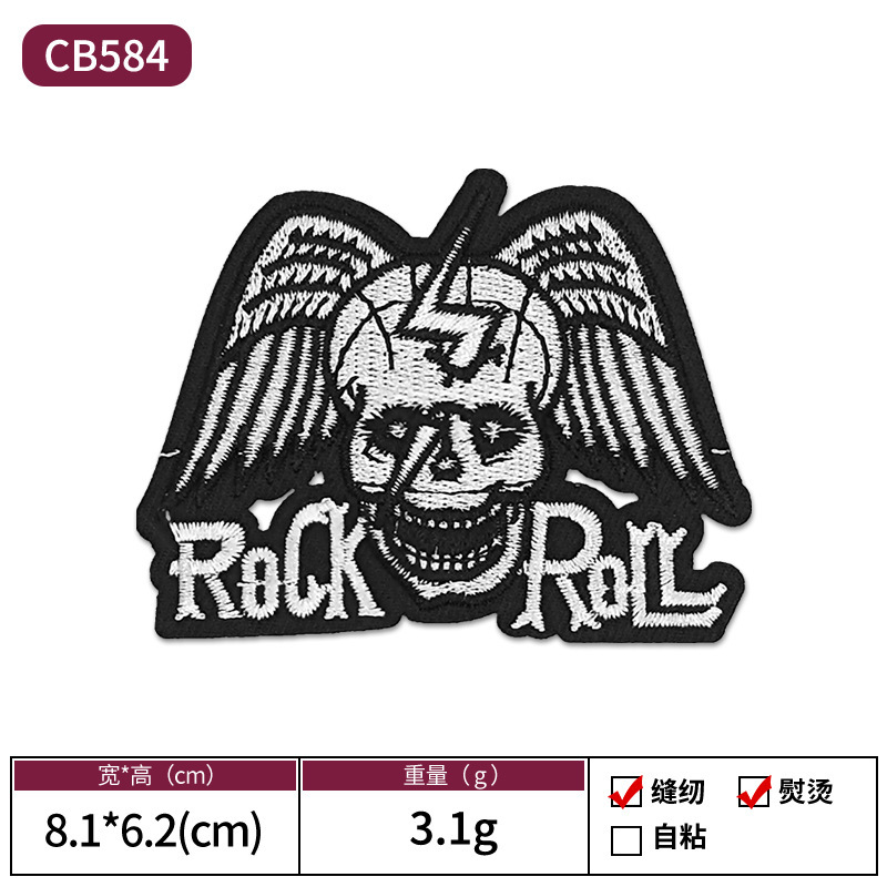 国境を越えた売れ筋白黒ロックパンクスタイル刺繍スカル布パッチ衣類装飾パッチパッチ|undefined