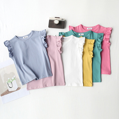 Girls' ruffled round neck Feifei short-sleeved T-shirt solid color top  summer new Korean style pullover short-sleeved
