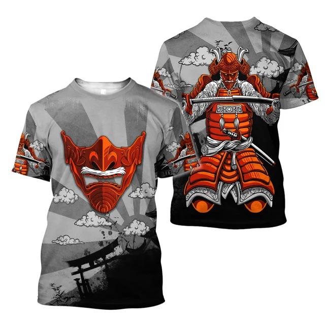 Tinta Jianghu Swordsman 3D Impresión digital Moda de la calle principal para hombres Camiseta de cuello redondo de manga corta transpirable de malla suelta