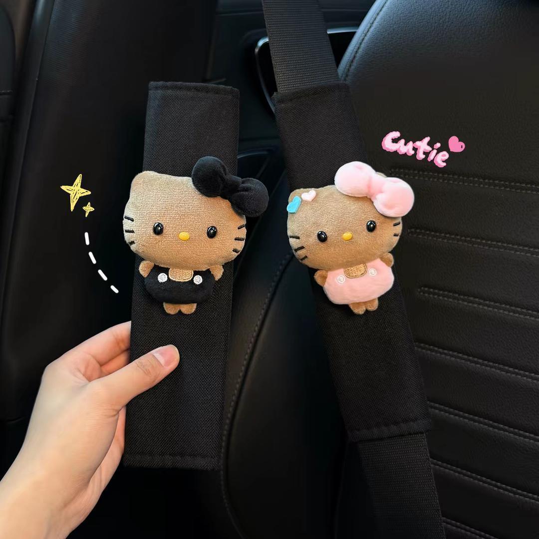 Black Leather Mini Hello Kitty Seatbelt Shoulder Pads, Cute Car Interior Accessories, New Car Gift