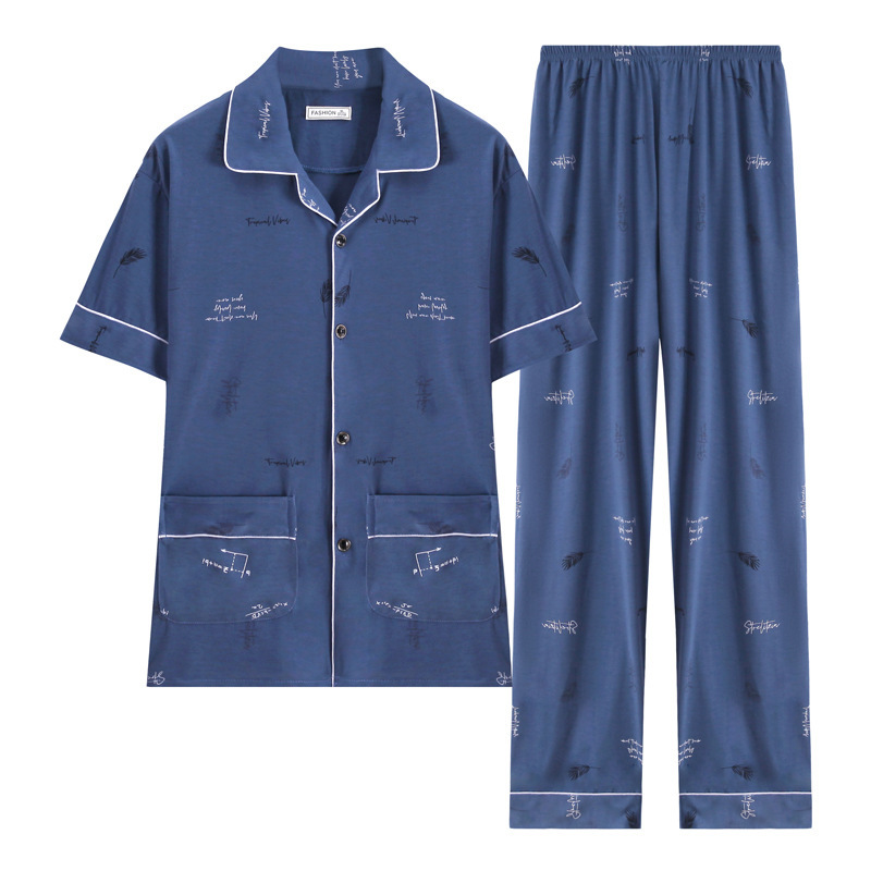 100% pijamas de algodón de manga larga de los hombres sueltos más tamaño aguja pequeño collar inverso joven y de mediana edad de primavera y otoño ropa de casa manga corta tejida