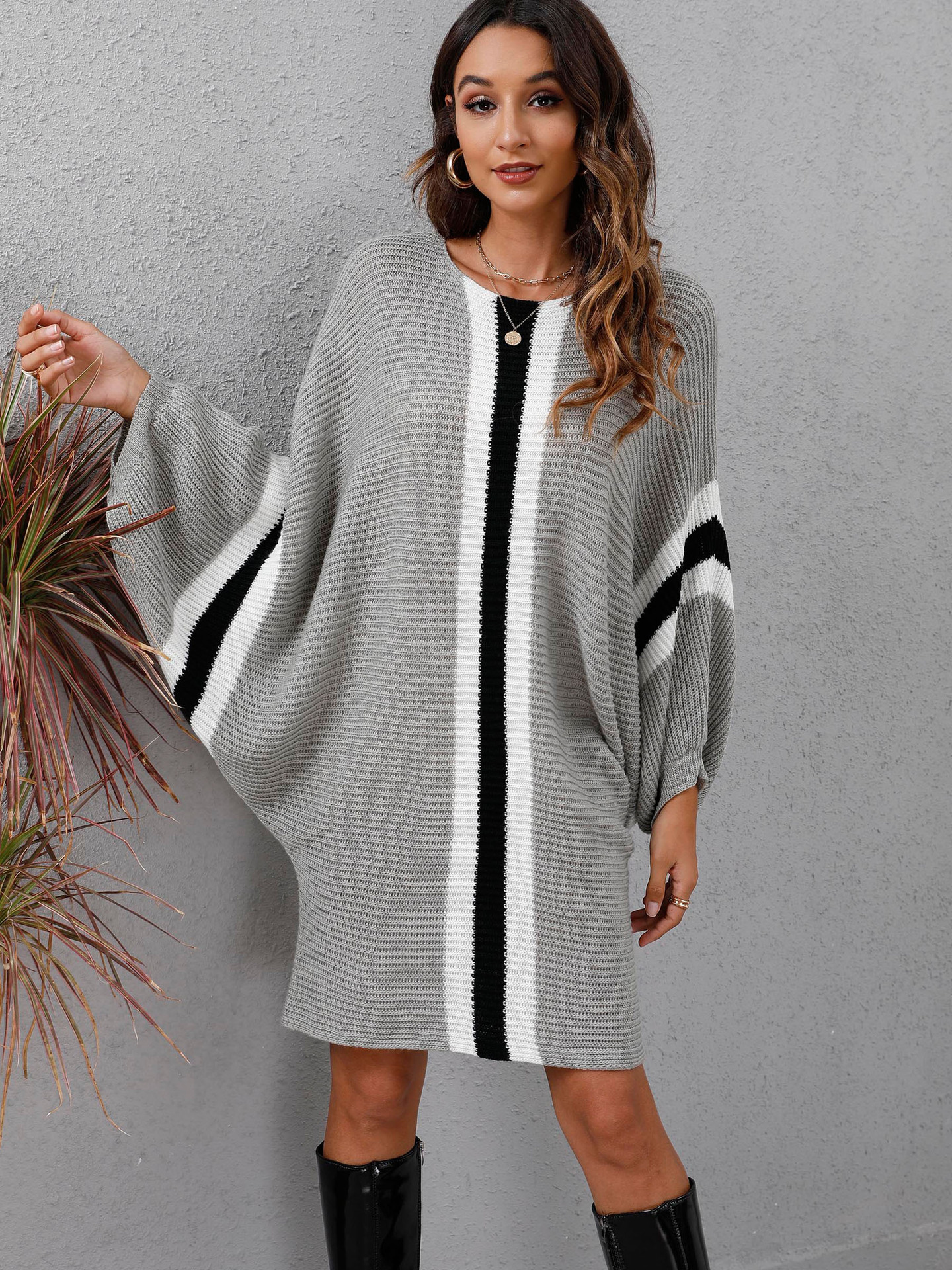 Autumn loose bat sleeve contrast stitching knitted sweater dress nihaostyles wholesale clothing NSOY91114