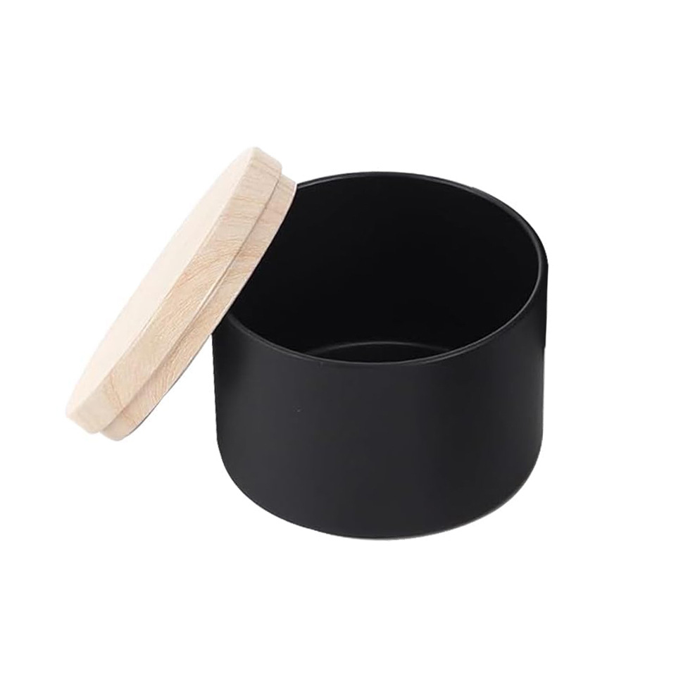 Caja redonda de hojalata negra sellada de doble cara con tapa de imitación de madera de alta gama para dulces, velas y aromaterapia, 4oz 8oz, al por mayor