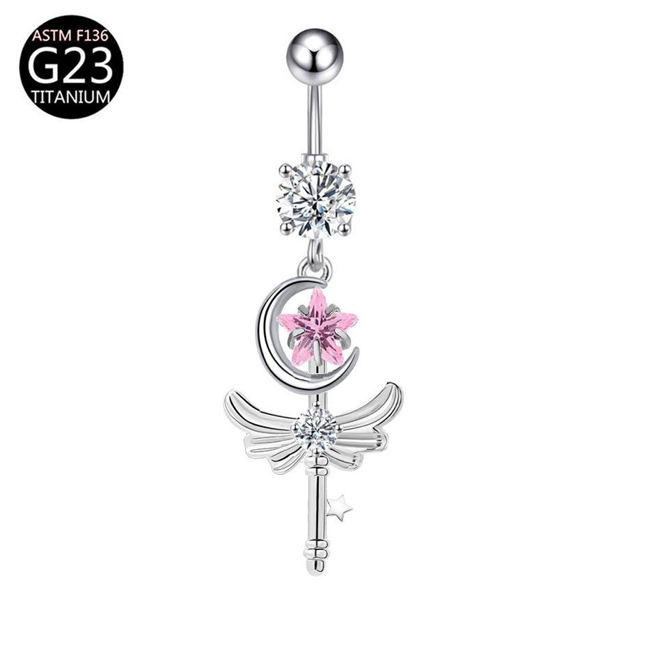 Fuchsia belly button piercing with bow, pendant drop-shaped, European style