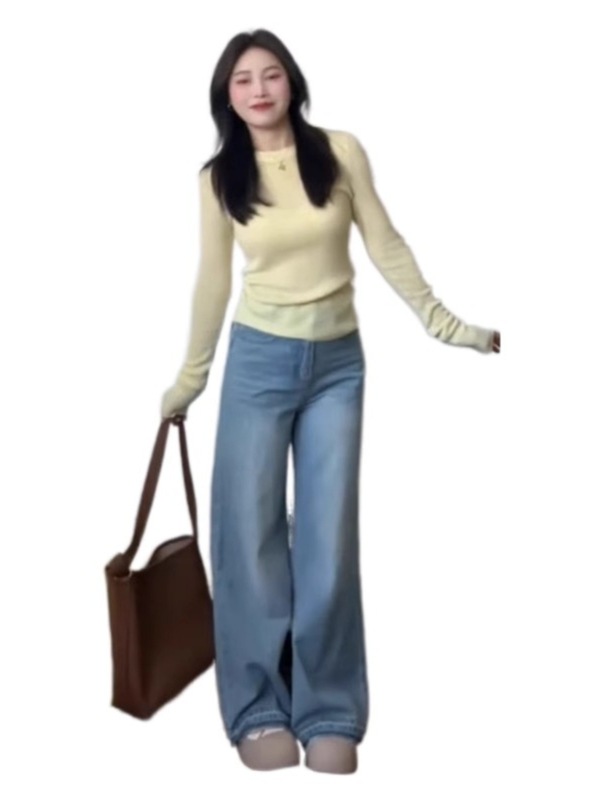 早秋穿搭黄色圆领内搭针织衫女长袖修身毛衣显瘦独特打底衫上衣潮|undefined