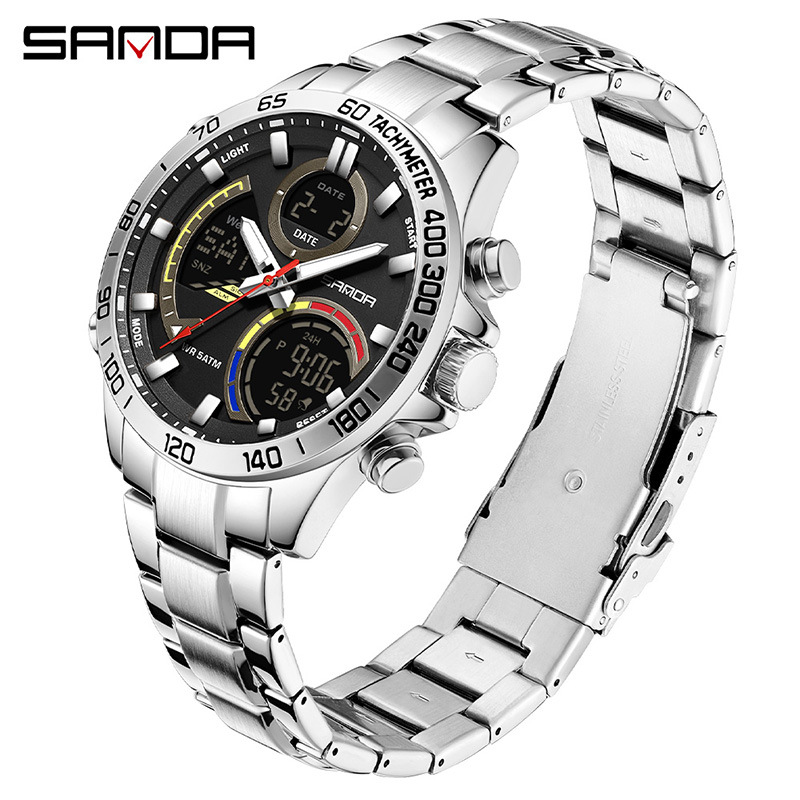 SANDA moda doble pantalla reloj electrónico para hombres multifuncional gran dial reloj de estudiantes de luz nocturna reloj de pulsera