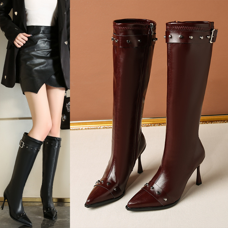 European and American Fashion Pointed-Toe Stiletto Heel Metal Rivet Biker Runway Women's Boots with Belt Buckle, Large Size Rider High-Heeled Fashion Boots