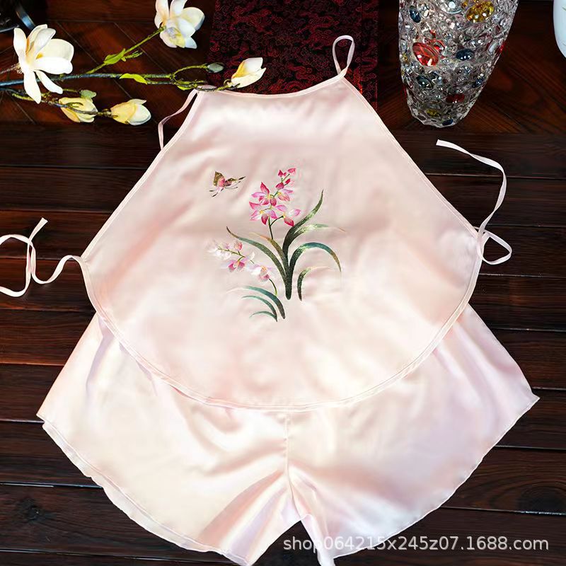 Guofeng Embroidered Flower Double-Layer Bellyband suit Ice Silk Vintage Sling Pajamas Antique Adult Underwear Women's Inner Guofeng Embroidered Flower Double-Layer Bellyband suit Ice Silk Vintage Sling Pajamas Antique Adult Underwear Women's Inner