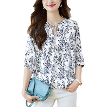 厂家直销新款青花瓷印花衬衫2024夏季新款V领系带七分袖上衣