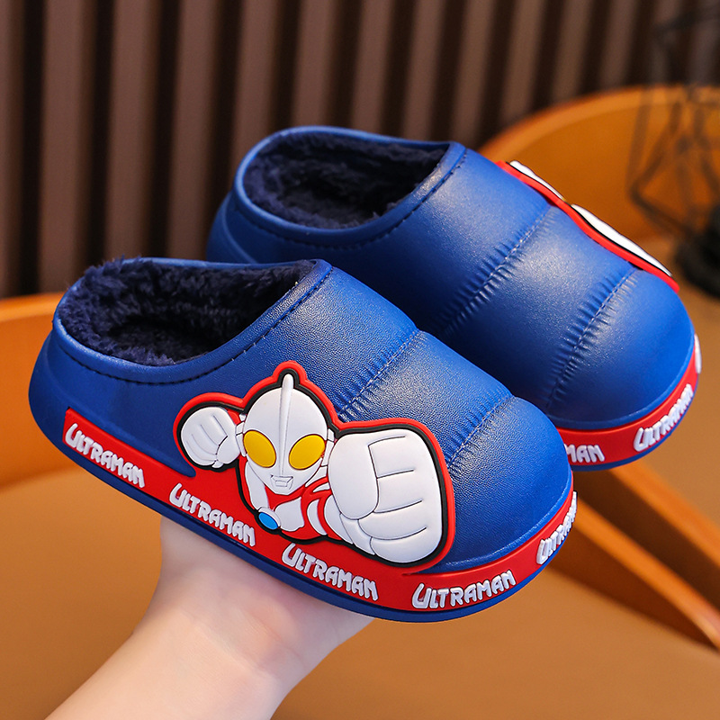 Ultraman Winter Zapatillas de algodón para niños antideslizantes impermeables con forro polar cálido para niños en casa
