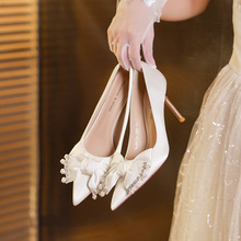 6681-57 高级感婚鞋蝴蝶结水钻绸缎尖头气质温柔小仙女