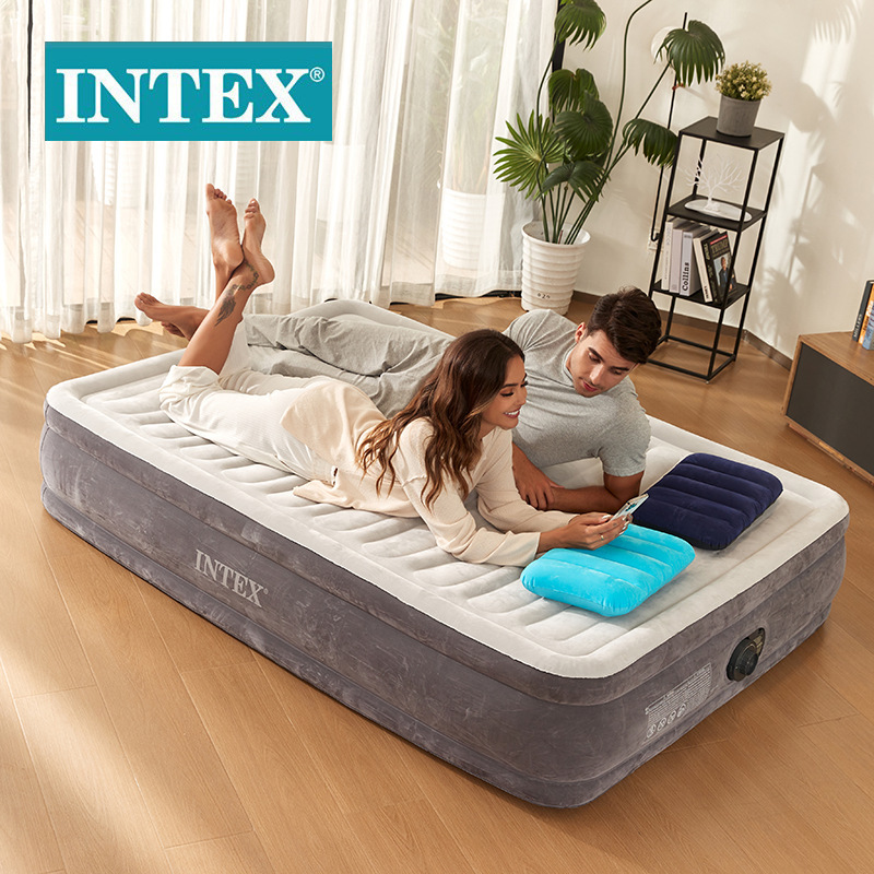 INTEX67768 luxury gray and white double-layer double-layer cable air bed built-in electric pump flocking inflatable bed wholesale INTEX67768 luxury gray and white double-layer double-layer cable air bed built-in electric pump flocking inflatable bed wholesale