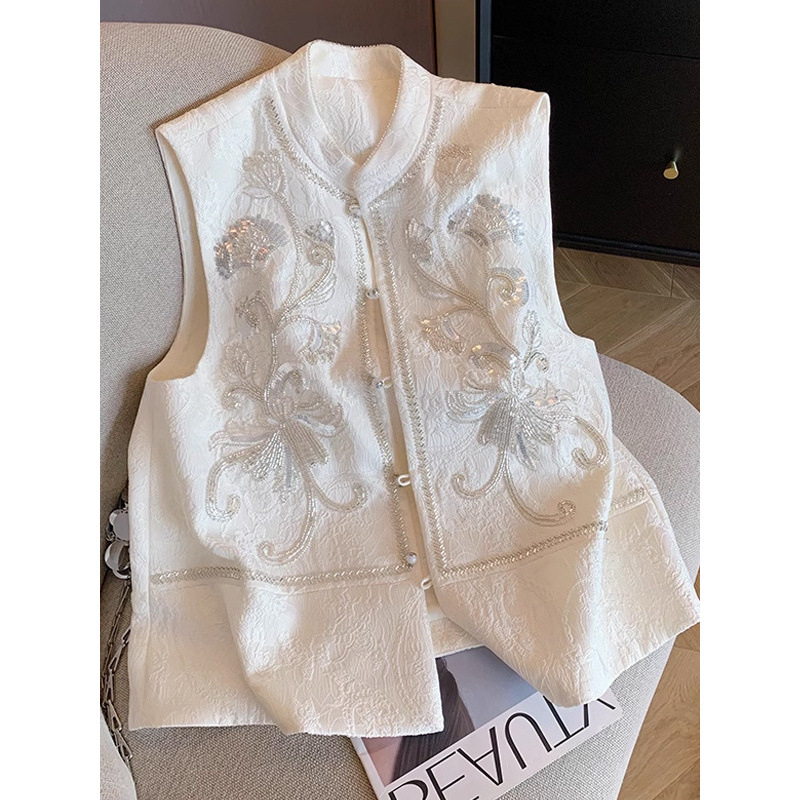 White Heavy Industry Sequin Embroider National Style Vest for Women 2025 Spring and Summer New High-End Elegant New Chinoiserie Vest