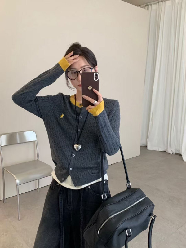 春秋新款假两件针织开衫女装圆领刺绣扭花小香风外套拼色毛衣上衣|undefined