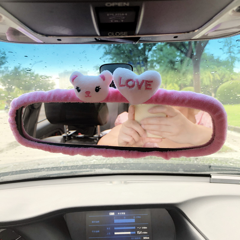 Cross-Border Popular Cute Cat Heart Plush Car Rearview Mirror Cover Universal Car Interior Decoration Accessories