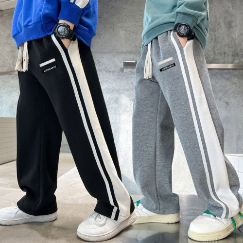 Side stripe padded and thickened integrated plush casual long pants for boys and children, suitable for spring and winter
