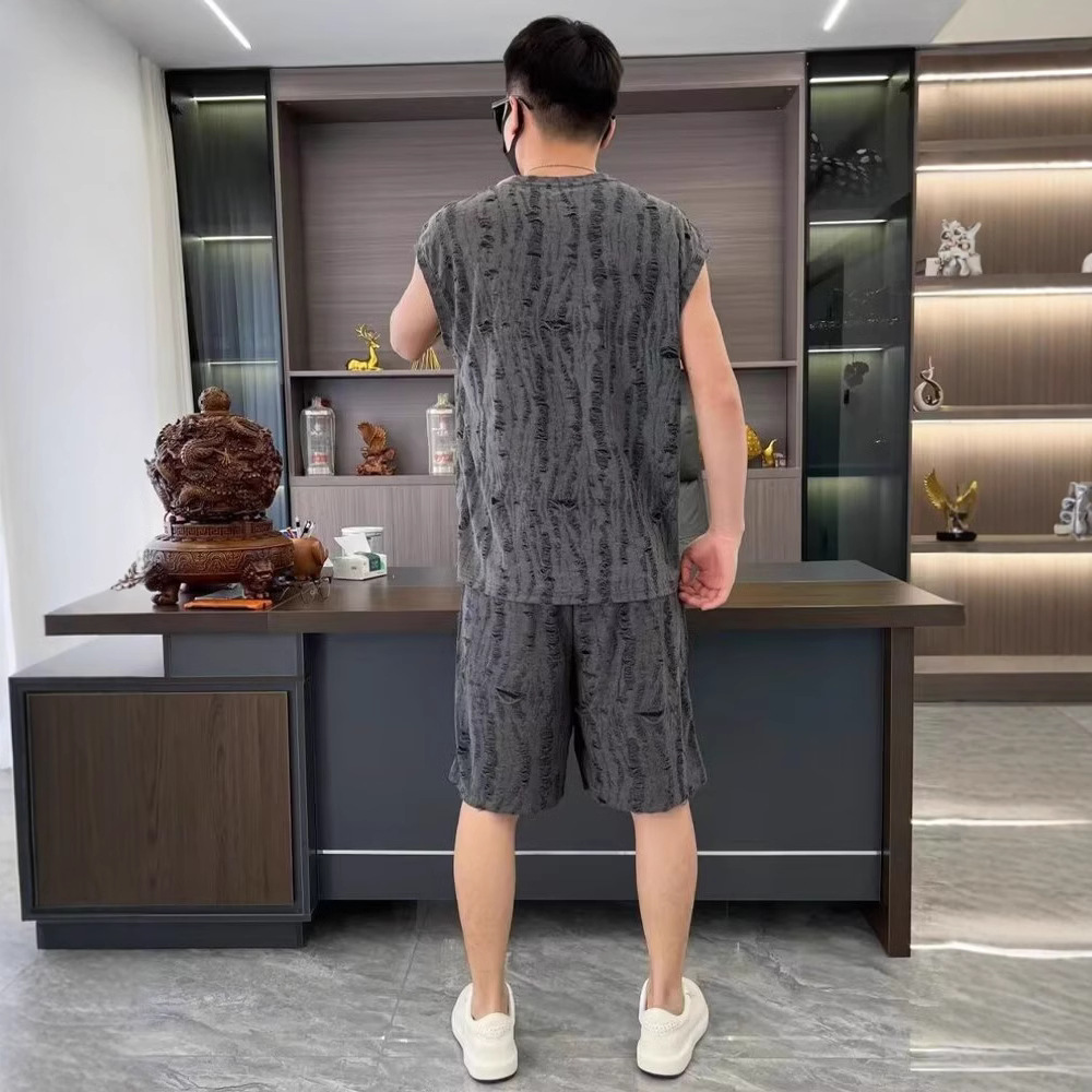 Verano nuevo estilo de hombre estilo de Hong Kong hueco agujero conjunto casual marca de moda chaleco de hombro corto conjunto de dos piezas