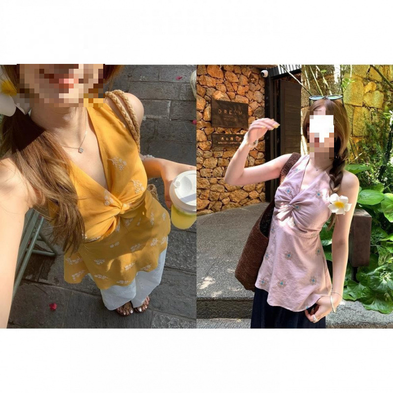在庫あり 山桜マンダム～Vネックツイスト刺繍ノースリーブウエスト痩身ホルターネックシャツトップス|undefined