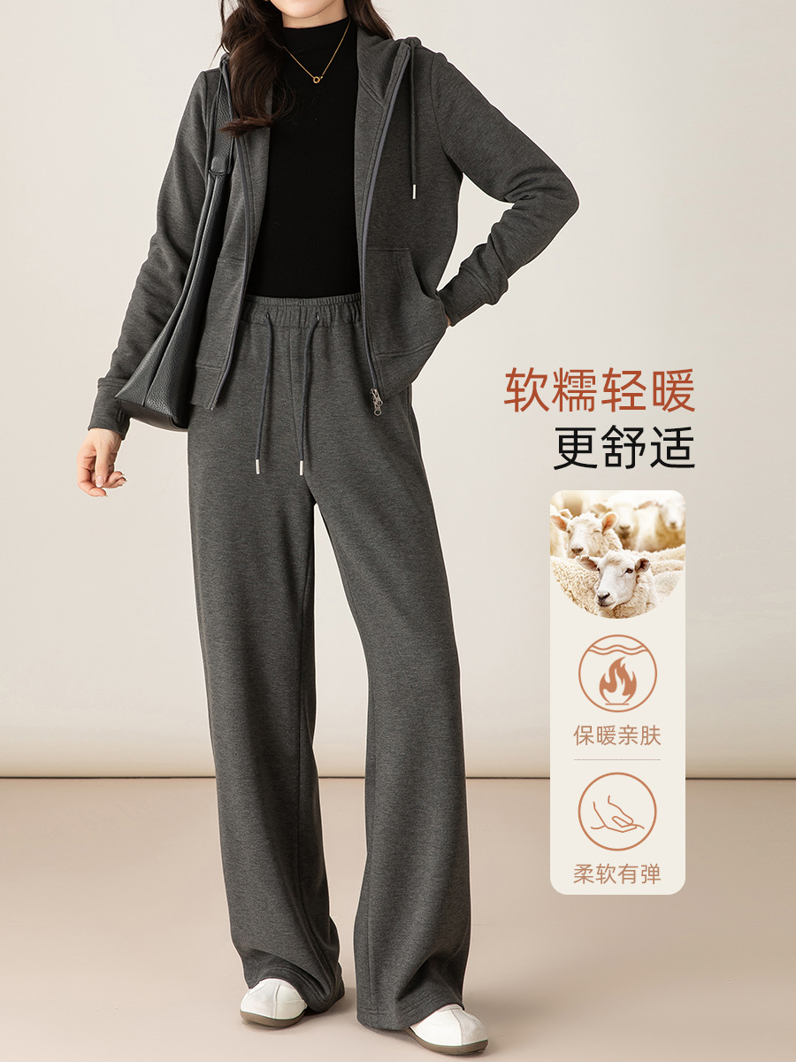 Bộ đồ thể thao nữ hai mảnh giả cashmere mũ trùm dáng rộng phong cách Hàn Quốc — Màu xám (bộ hai món)