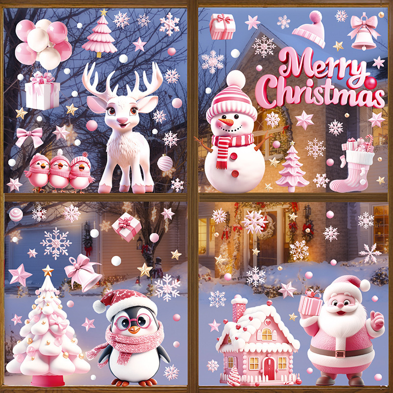 新しいピンクのクリスマスのクリスマスの窓は3dサンタクロースの家の雪のガラスの扉の装飾を貼って絵を貼ります。|undefined
