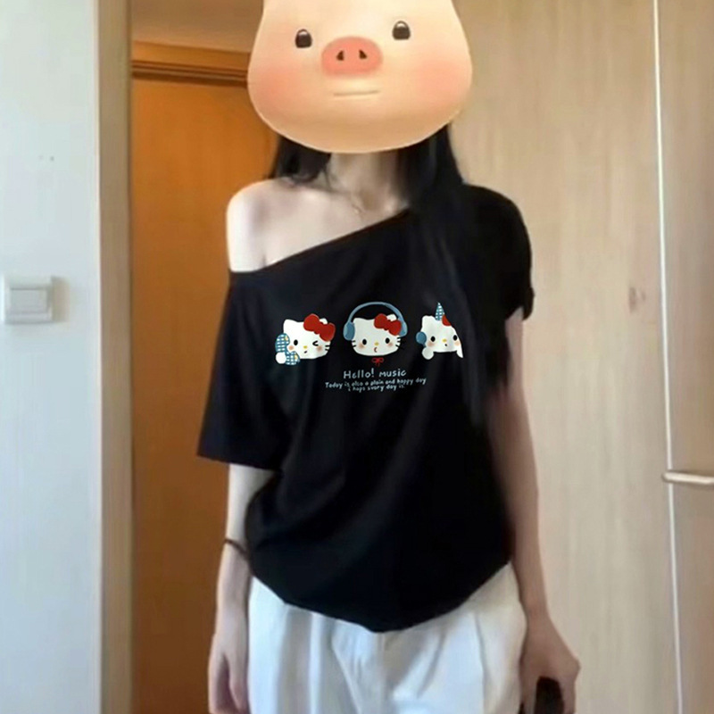 韩系ins风斜肩露肩小上衣T恤宽松显瘦辣妹短袖夏天百搭超好看上衣|undefined