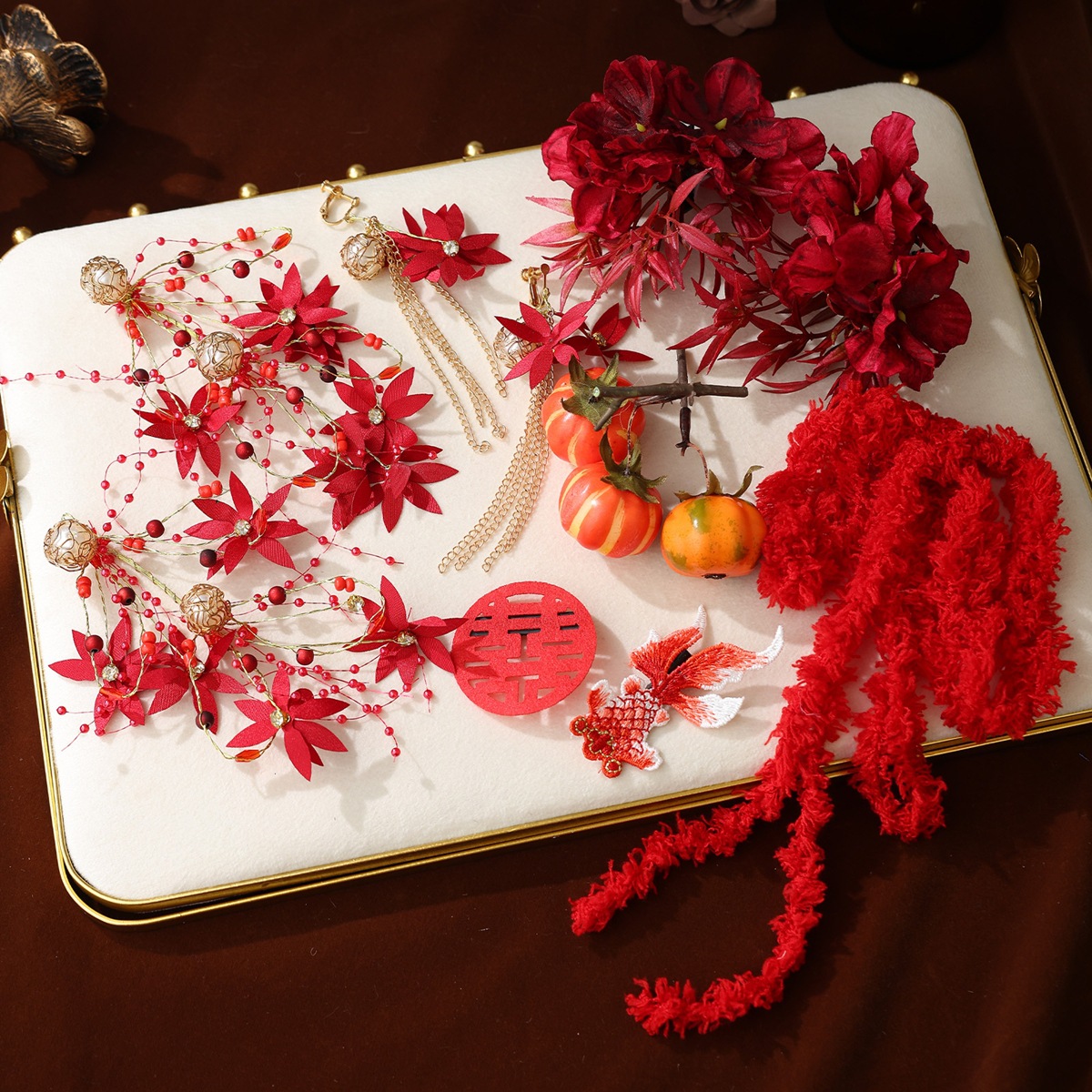 Red Bridal Toast Dress Hair Accessory, New Chinese-Style Artificial Flower Hairpin, Traditional Chinese Tassel Hair Clip, Engagement Ancient-Style Hair Ornament for Women