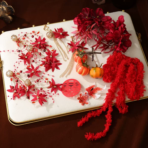 Red Bridal Toast Dress Hair Accessory, New Chinese-Style Artificial Flower Hairpin, Traditional Chinese Tassel Hair Clip, Engagement Ancient-Style Hair Ornament for Women