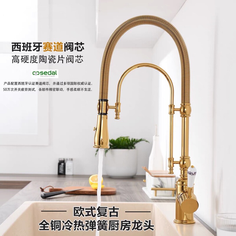 Cross-border European-style multi-functional kitchen hot and cold faucet golden all-copper European-style vegetable basin sink French faucet