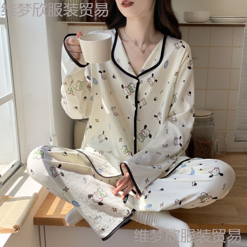 云朵棉春秋ins睡衣女新款开衫翻领长袖长裤卡通家居服套装外穿-1