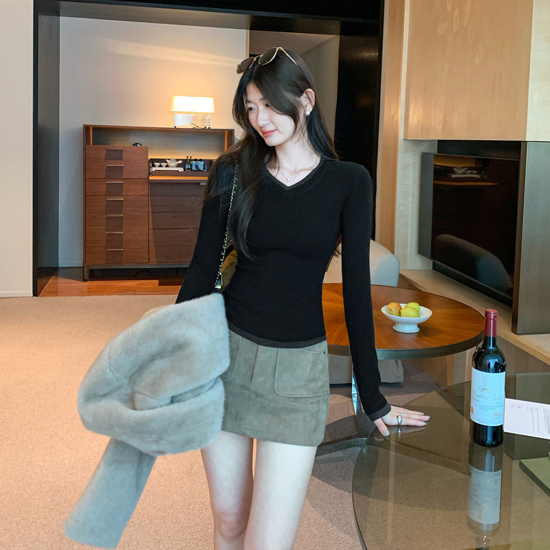 纯欲辣妹拼色假两件T恤女春秋设计感修身显瘦正肩百搭通勤上衣|undefined